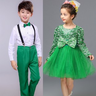 冬季儿童节绿色演出服男女小学生春天布谷鸟合唱种子舞蹈树叶衣服