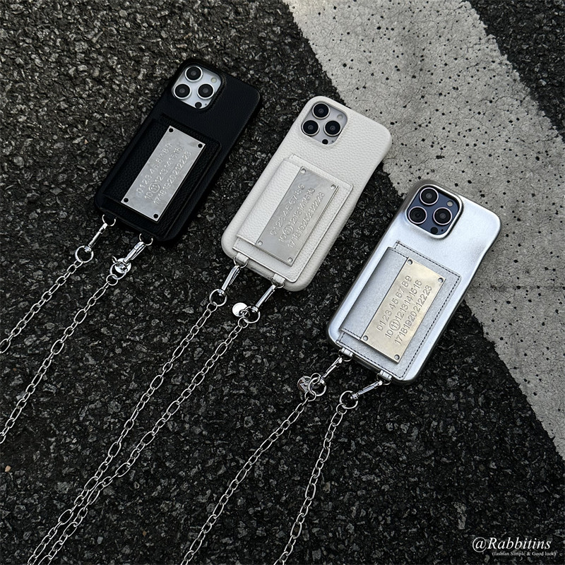 小众潮牌简约风斜挎卡包皮质适用15promax斜背带苹果iphone16手机壳金属链条13pro防摔个性14保护套12