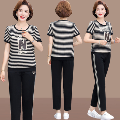 妈妈夏装条纹套装运动休闲新款