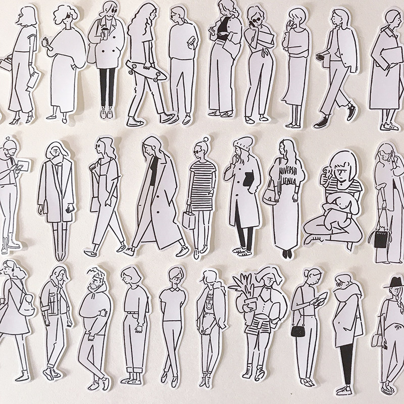 黑白系女孩人物防水手帐贴纸穿衣搭配装饰ins韩国创意日记电脑diy