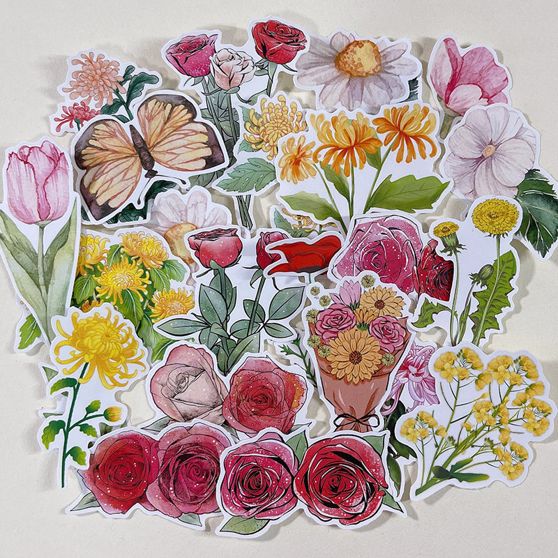 可爱手绘玫瑰菊花植手帐物贴纸ins少女心日记手抄报相册diy装饰