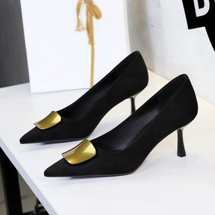 春秋新款空乘鞋宴会女鞋绒面细跟职业工作鞋尖头单鞋气质高跟鞋