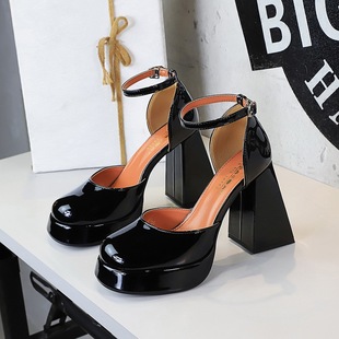 气质OL女鞋防水台高跟鞋粗跟超高跟圆头浅口中空亮面漆皮一字扣