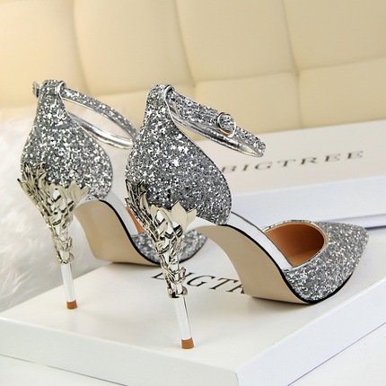 Bigtree Spring and Summer New Women's Shoes Crystal Silver High Heels Stiletto Versatile Sexy Sandals Princess Wedding Shoes