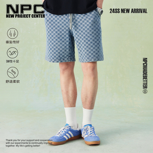 NPC潮牌重磅水洗做旧牛仔棋盘格休闲短裤男潮流宽松NP43DT16