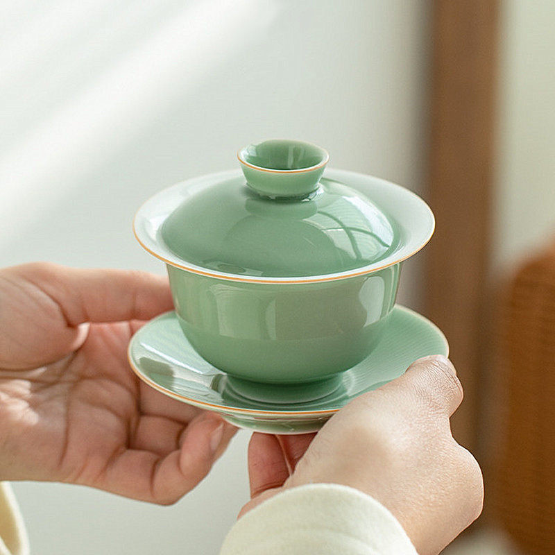 景德镇玉泥碧影盖碗梅子青陶瓷三才碗茶杯单个家用功夫茶碗不烫手