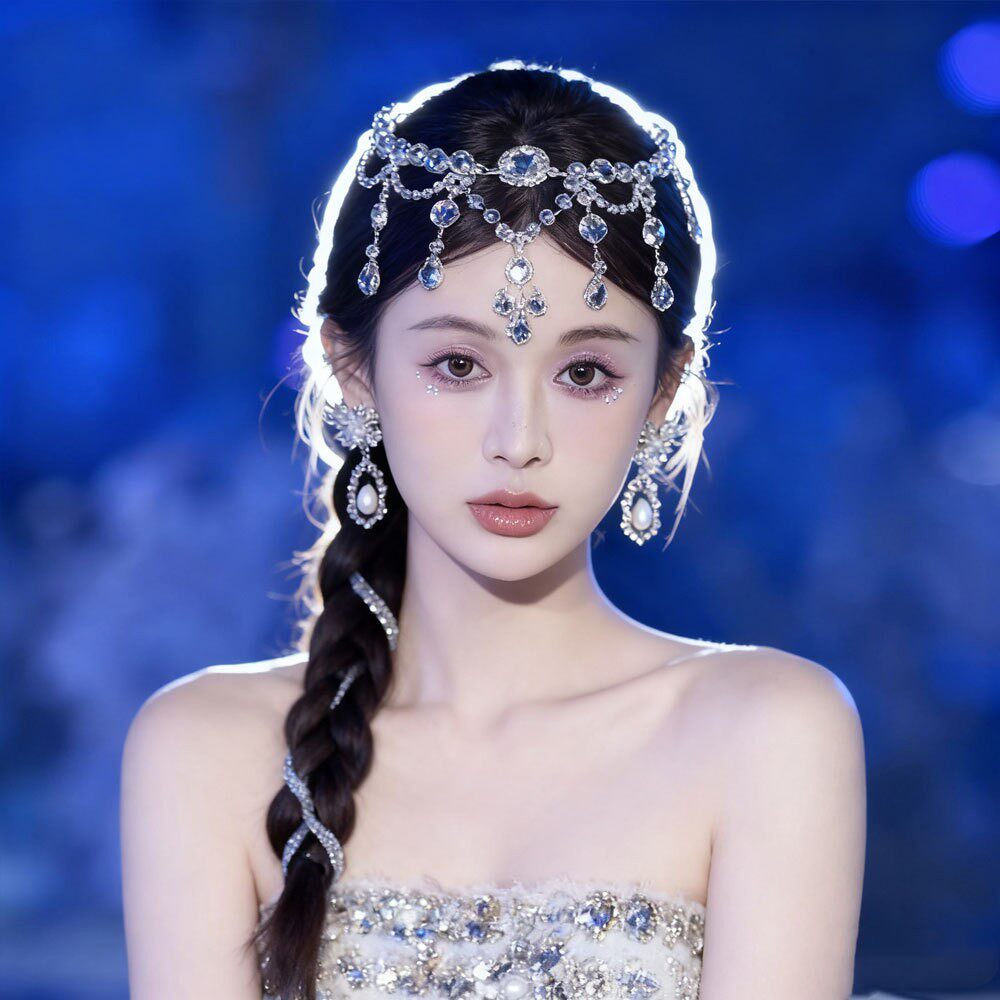 超仙轻奢夸张水晶新娘流苏头饰项链两用欧美额头链水滴头链锁骨链