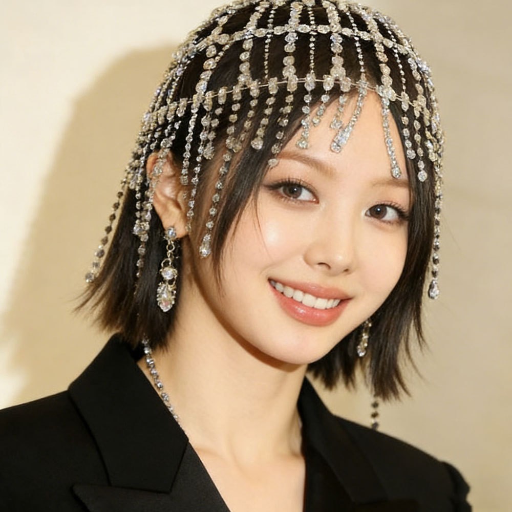 欧美夸张水晶锆石网状新娘头饰女高级感头链发链个性流苏水钻发饰