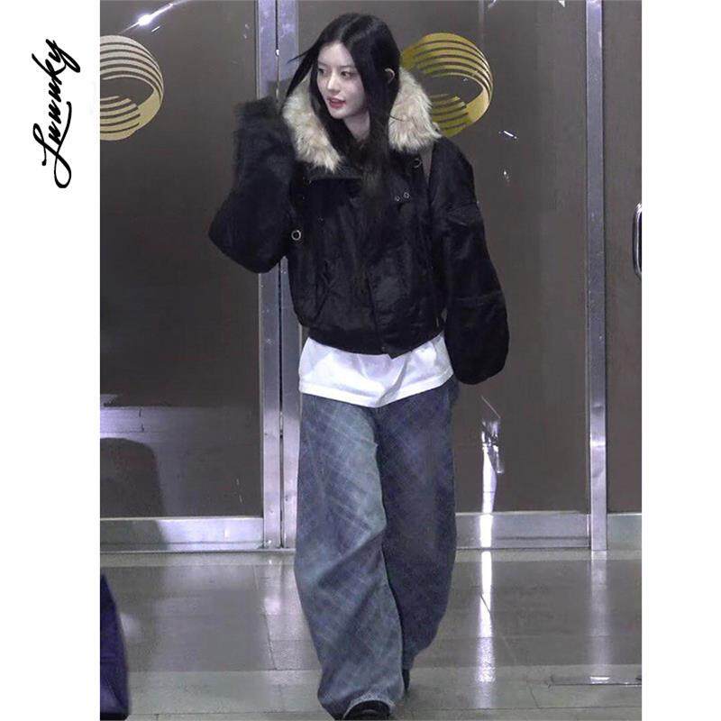 Minju朴敏珠同款黑色大毛领加厚夹克棉服外套女冬短款设计感棉衣