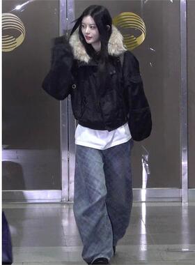 Minju朴敏珠同款黑色大毛领加厚夹克棉服外套女冬短款设计感棉衣