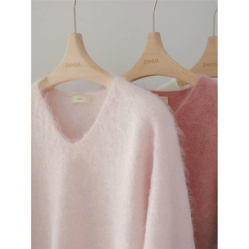 之华/敲仙莫兰迪色系～全成型无缝工艺水洗拉绒v领纯羊绒毛衣