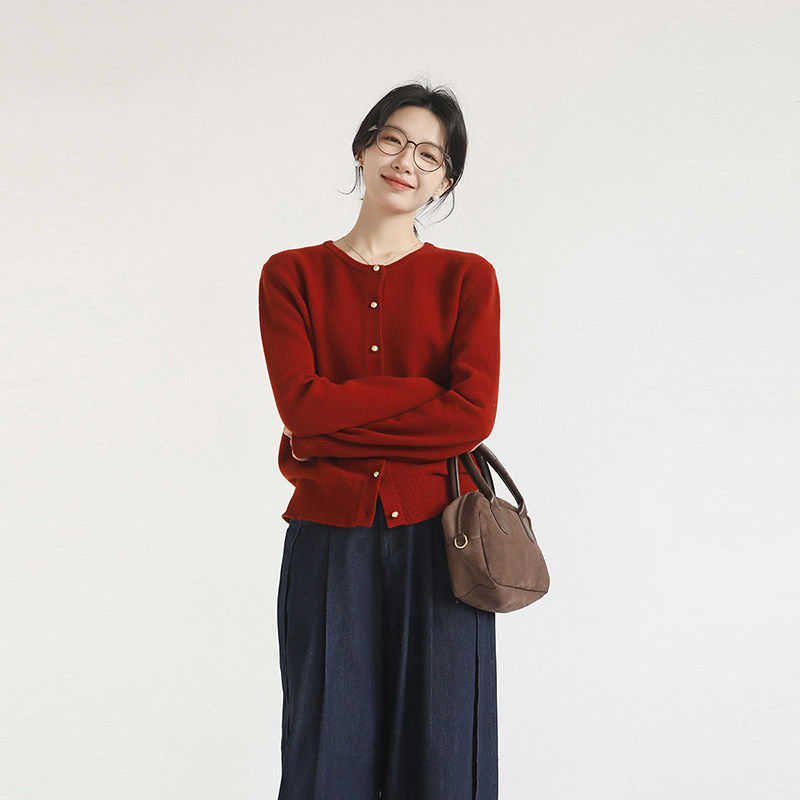 茹树家 红色100%绵羊毛圆领针织开衫女秋冬内搭打底衫宽松毛衣