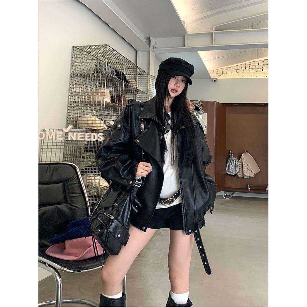 皮衣外套女2025秋季新款黑色酷飒风宽松慵懒美式重工pu机车皮夹克