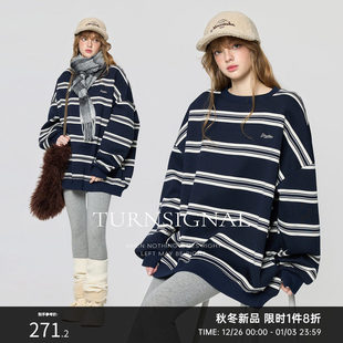 TurnSignal潮牌时尚条纹卫衣女加绒加厚冬季休闲宽松百搭套头上衣