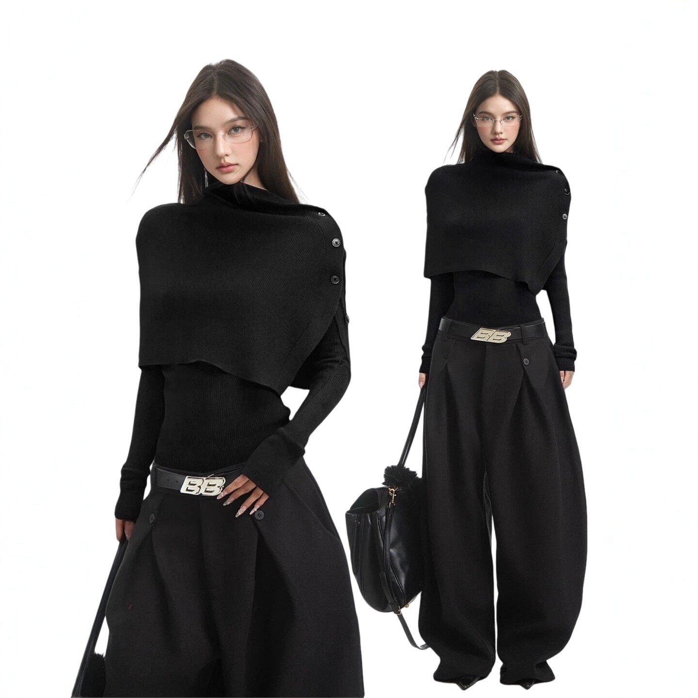 iamxiaa黑色斗篷针织衫毛衣真两件可拆卸披肩修身打底衫内搭上衣