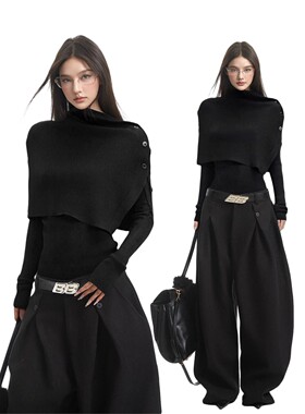 iamxiaa黑色斗篷针织衫毛衣真两件可拆卸披肩修身打底衫内搭上衣