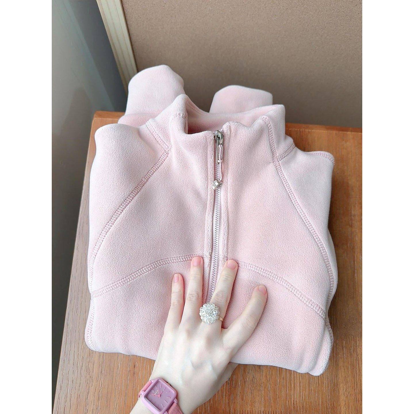 粉色立领加绒卫衣外套女秋冬羽绒服内胆保暖上衣冲锋衣内搭打底衫