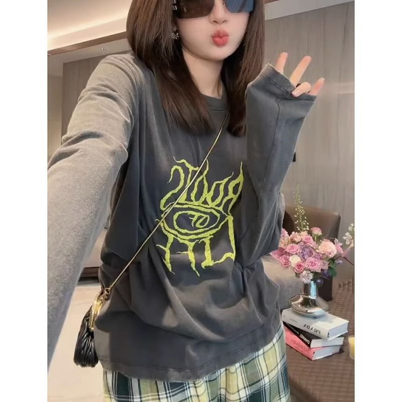 长袖圆领字母印花中长款T恤女