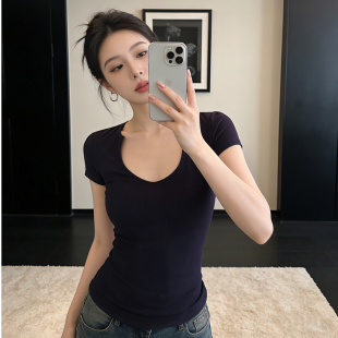 t恤女夏季 显瘦u领正肩短袖 辣妹风百搭绝美小上衣 胖mm气质修身 大码