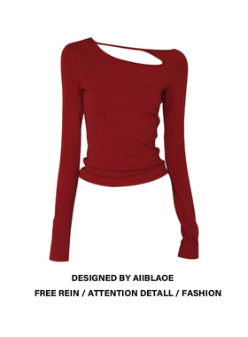 大码辣妹小心机镂空长袖T恤女秋冬胖mm红色气质内搭设计感上衣ins