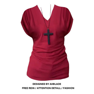 收腰设计感蝙蝠袖 大码 修身 胖mm深V领短袖 甜辣妹上衣 T恤女2025新款