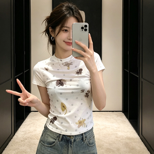 大码胖mm清透入夏花卉波点网纱圆领T恤女时尚修身清凉短袖上衣潮