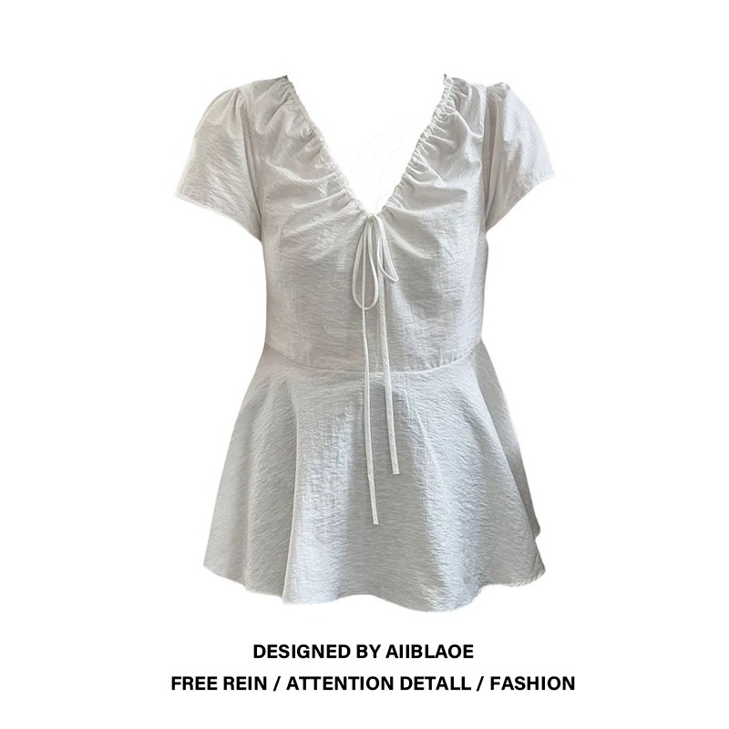 大码胖MM韩系V领褶皱系带衬衫女装2025夏季气质甜美百搭短袖上衣,女装/女士精品,大码内搭,淘宝优惠券,粉丝福利购,淘宝优惠卷