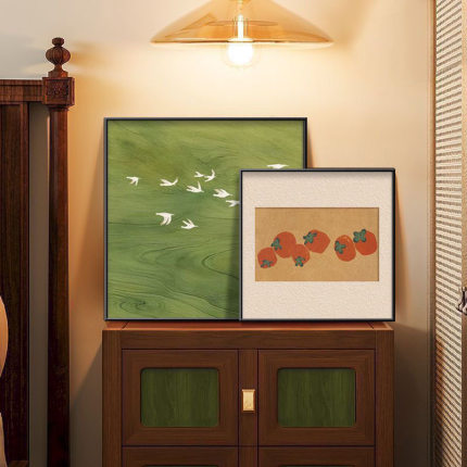 柿柿如意中古风绿色风景画客厅装饰画餐厅桌面摆台画墙面艺术挂画