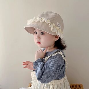 韩系甜美蕾丝边儿童帽子春秋季遮阳防风大檐鸭舌帽女宝宝棒球帽冬