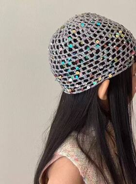 2025新款夏儿童渔网帽亮片帽针织帽宝宝套头韩版洋气时尚穿搭神器