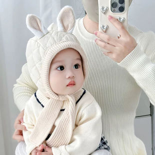 宝宝帽子冬天保暖护耳帽可爱兔耳朵一体帽婴幼儿加厚防风包脸帽韩