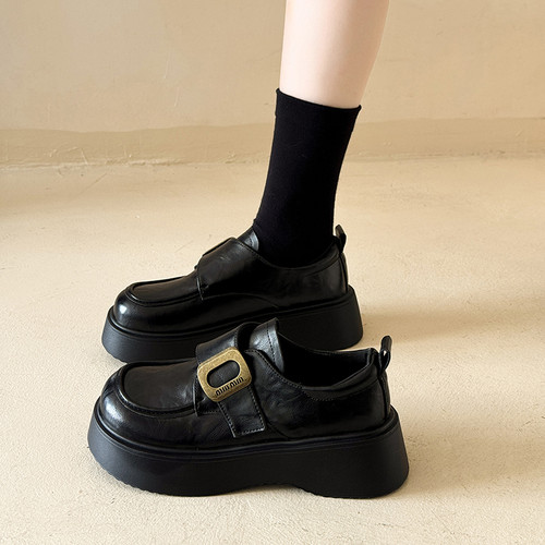 厚底小皮鞋女一脚蹬配裙子乐福鞋