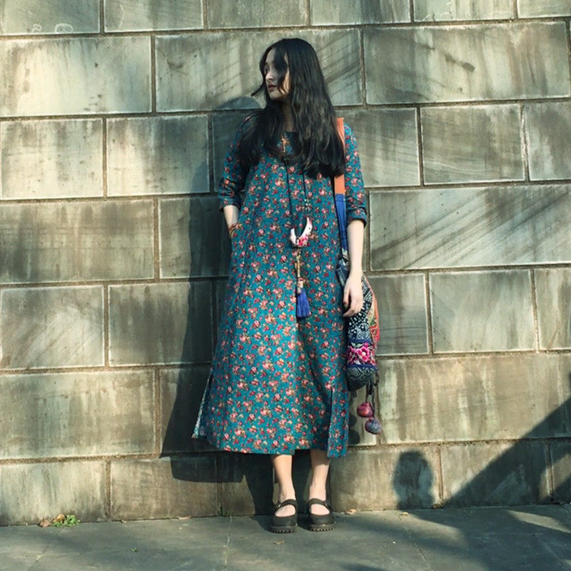 香草A型口袋碎花自制民族风印花连衣裙夏季文艺宽松棉麻长裙包邮