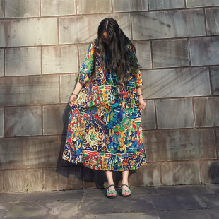 夏妍素心自制民族风文艺长袍春夏长裙旅行宽松印花棉麻连衣裙 包邮