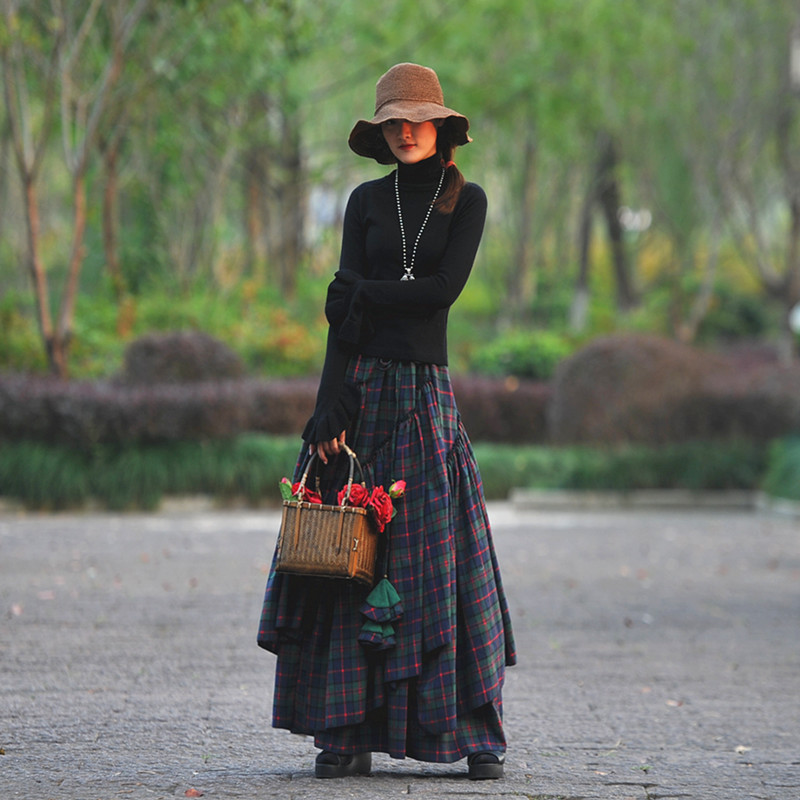 素心民族风超大摆格子跳舞长裙