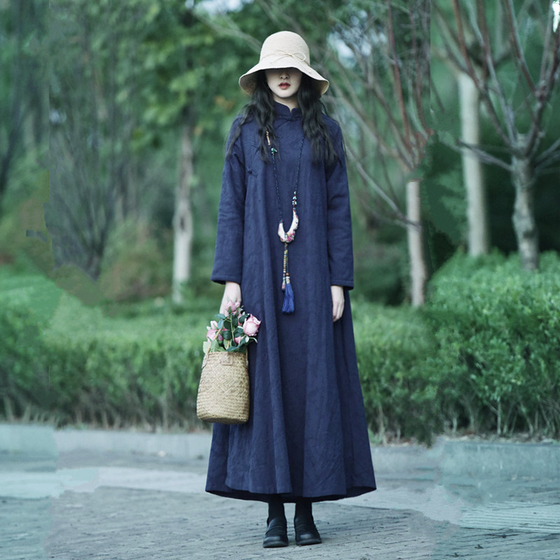 【檀香】素心自制民族风加厚连衣裙春秋复古立领盘扣宽松长裙包邮