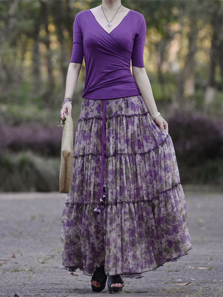 素心长裙大摆a字系带天丝半身裙