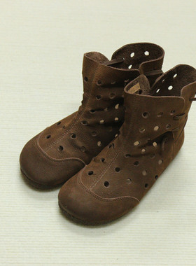 1516-2花藤萝蔓 牛皮圆头休闲镂空松紧套脚平底软底真皮女凉靴