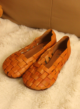 2038-21花藤萝蔓 牛皮编织圆头浅口套脚平底软底真皮女鞋女凉鞋