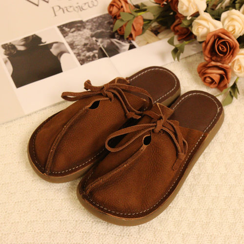 2622花藤萝蔓 牛皮包头圆头休闲平底舒适真皮女拖鞋女凉拖