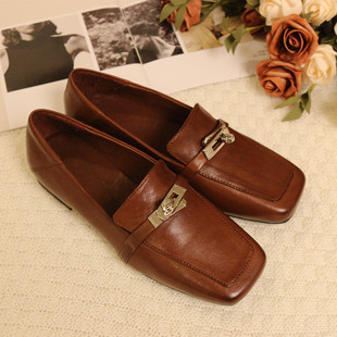 1686-1花藤萝蔓 马皮休闲中口方头套脚低跟真皮女鞋女单鞋乐福鞋