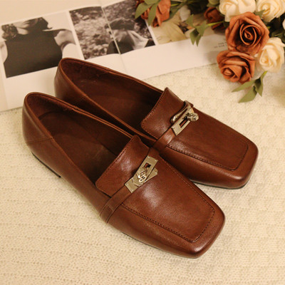 1686-1花藤萝蔓 马皮休闲中口方头套脚低跟真皮女鞋女单鞋乐福鞋