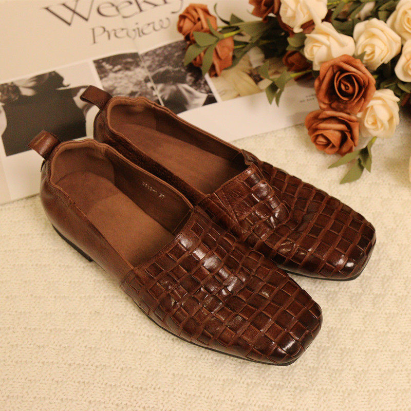 2613-1花藤萝蔓 牛皮方头编织套脚中口低跟休闲真皮女鞋女单鞋