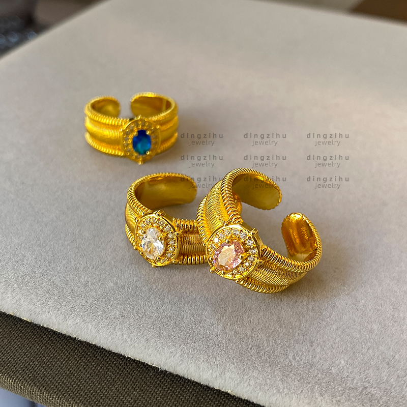 复古鸽子蛋拉丝工艺戒指女仿真金戒圈金店同款食指戒新款开口指环