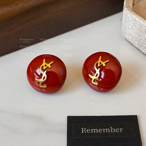 红色滴釉字母耳钉女复古轻奢高级感气质耳环新年过年秋冬新款耳饰