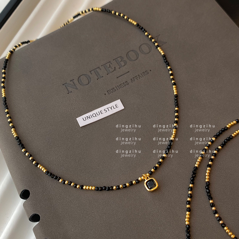 黑色天然石串珠项链女复古轻奢小众设计高级感锁骨链脖子配饰颈链