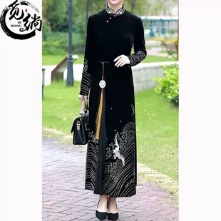 复古中国风改良旗袍长裙女大码 春季 2023新款 显瘦气质阔太太连衣裙