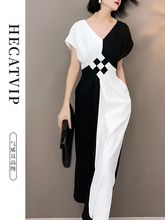 黑白撞色气质连衣裙女2023夏季新款小众设计感别致收腰显瘦A字裙