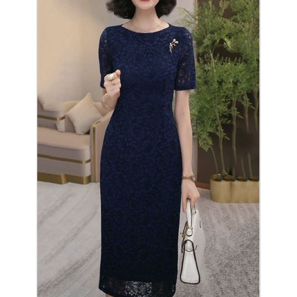 贵气名媛范纯色圆领连衣裙女2025夏季新款新中式气质收腰包臀裙