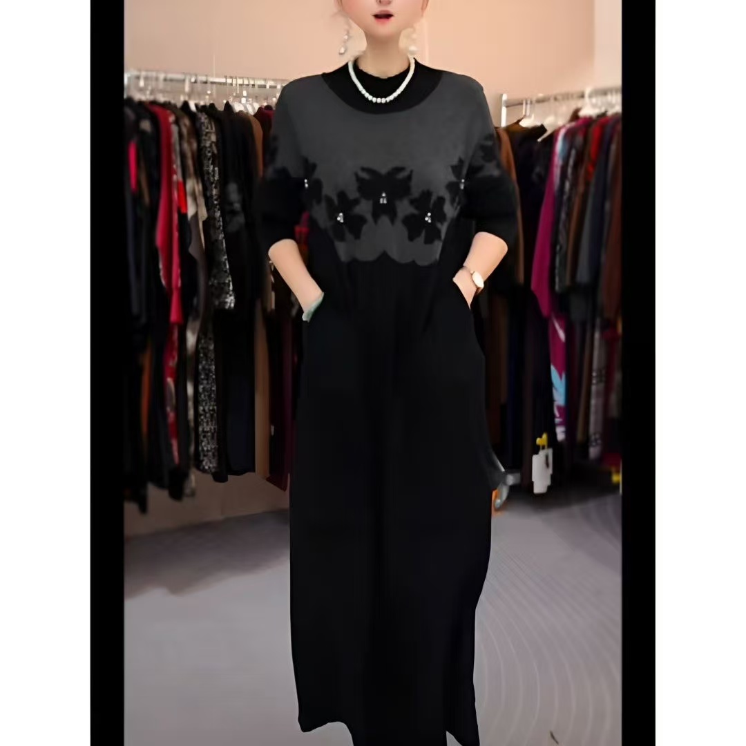 秋冬高贵宽松长款轻奢针织连衣裙